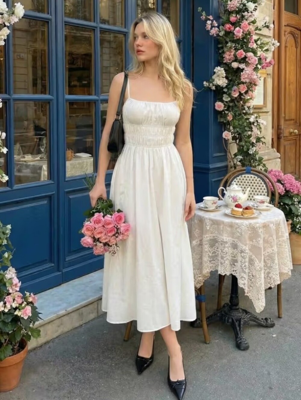 Cider White Ruched Shirred Women's Flared Maxi Dress